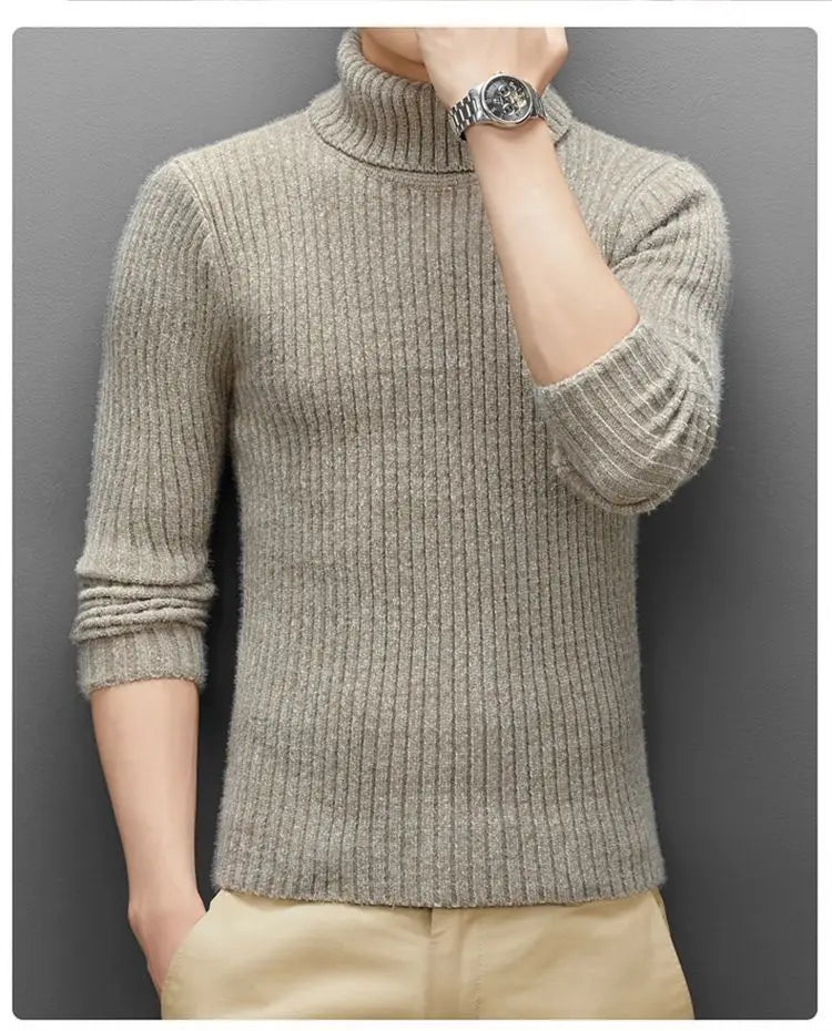 Trend Fashion Autumn Winter Sweaters Men Solid Turtleneck Mink Cashmere Thicken Smart Casual Long Sleeve Pullovers Knitted Tops