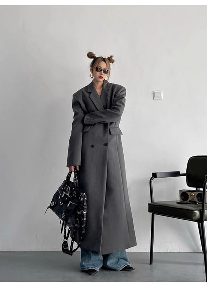 Lautaro Spring Autumn Long Grey Black Trench Coat for Women Double Breasted Loose Casual Korean Fashion Clothing Blazer 2025