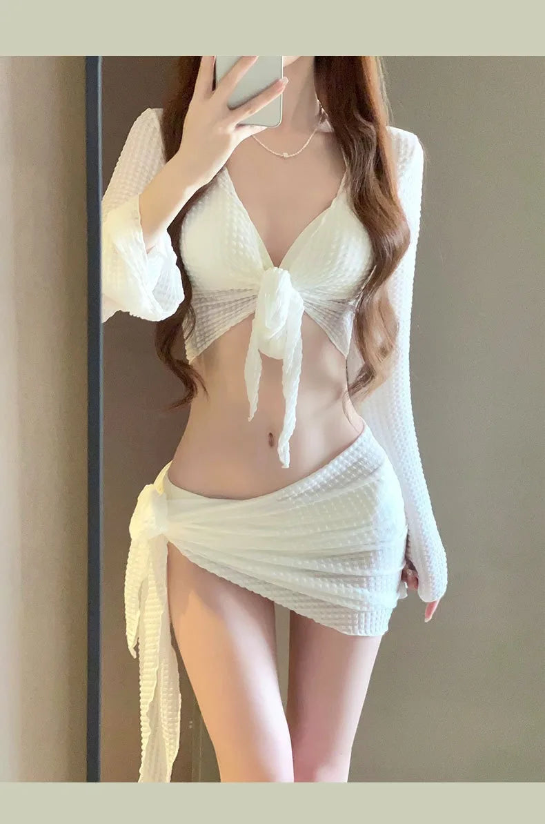 Sexy Bikinis Sets Women White Swimsuit Beach Wear Long Sleeve Swimsuit Cover Ups for Swimwear Women Swimming Pool Party Bikinis