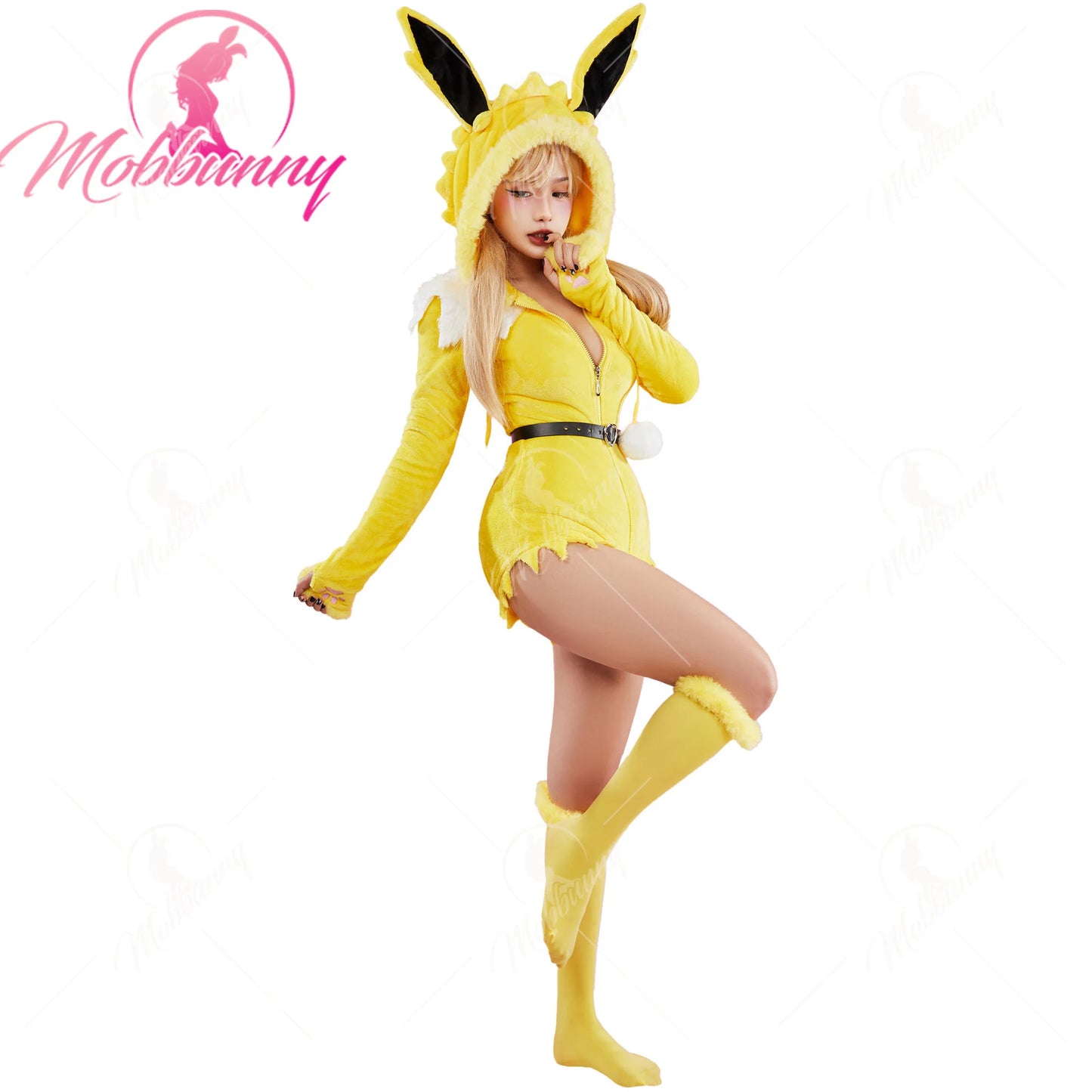 Mobbunny PM Derivative Cosplay Costume Women Sexy Lingerie Bodysuit Plush Hooded Romper and Socks with Belt and Scarf  Halooween