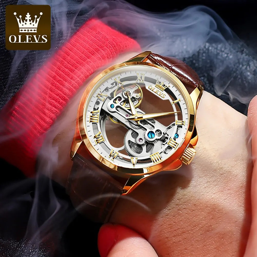 OLEVS Luxury Men Watches Automatic Mechanical Wristwatch Skeleton Design Waterproof Leather Strap Male Watch Reloj Hombre