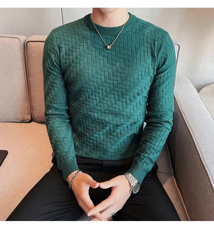 2025 Stretchable Jacquard Woven Winter Crew Neck Sweater Men's Slim Fit Pullover Knitwear Blue, Fashionable Check Pattern