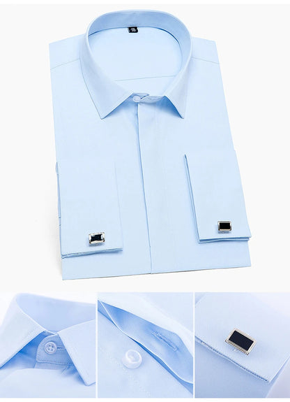 Men's Classic French Cuffs Solid Dress Shirt Fly Front Placket Formal Business Standard-fit Long Sleeve Office Work White Shirts