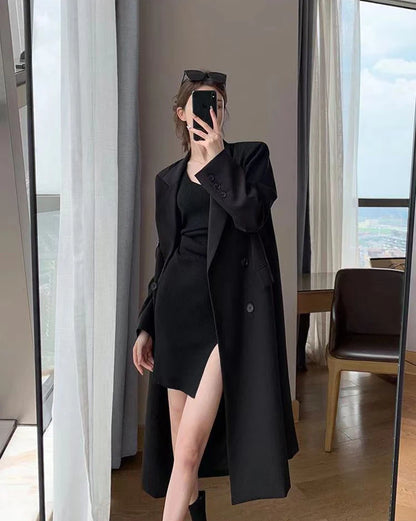 Long Trench Coat Women Office Lady Elegant Double Breasted Blazer Jacket Streetwear Overcoats Korean Harajuku Casual Windbreaker