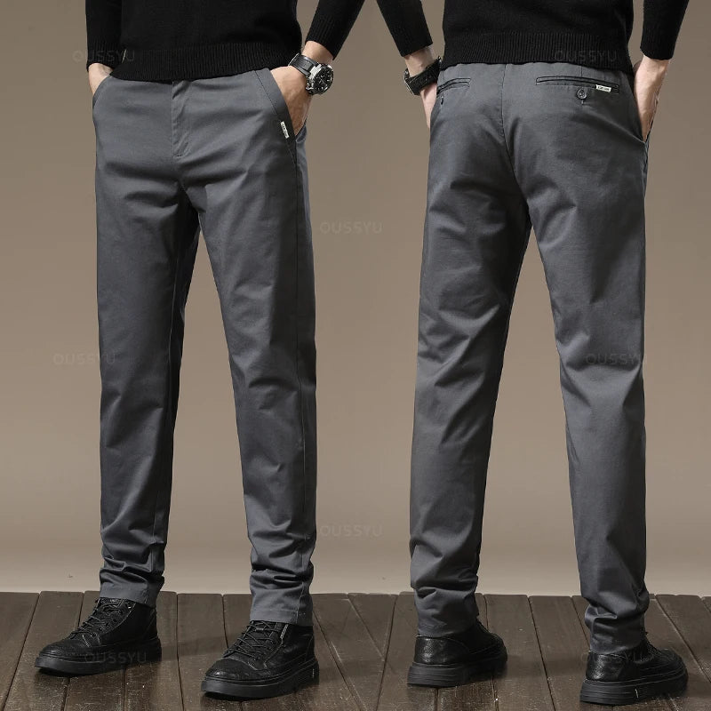 New High Quality Combed Cotton Casual Pants Men Thick Solid color Business Fashion Straight Fit Chinos Gray Brand Trousers Male