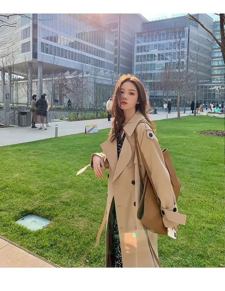 Streetwear Loose Trench Coat Midi Length Fashion Korean Elegant Khaki Black Women's Windbreaker Coat Casual Double Breasted Tops