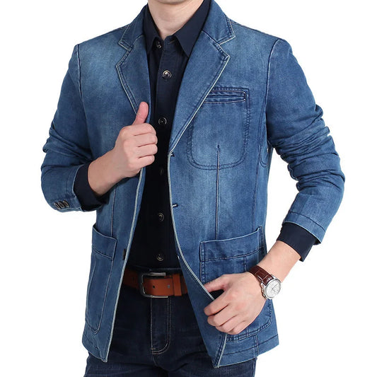 Men's New Blue Denim Suit Jacket with Loose Long Sleeved Design V-neck Casual Coats Black Gray Blazers M-XXXXL