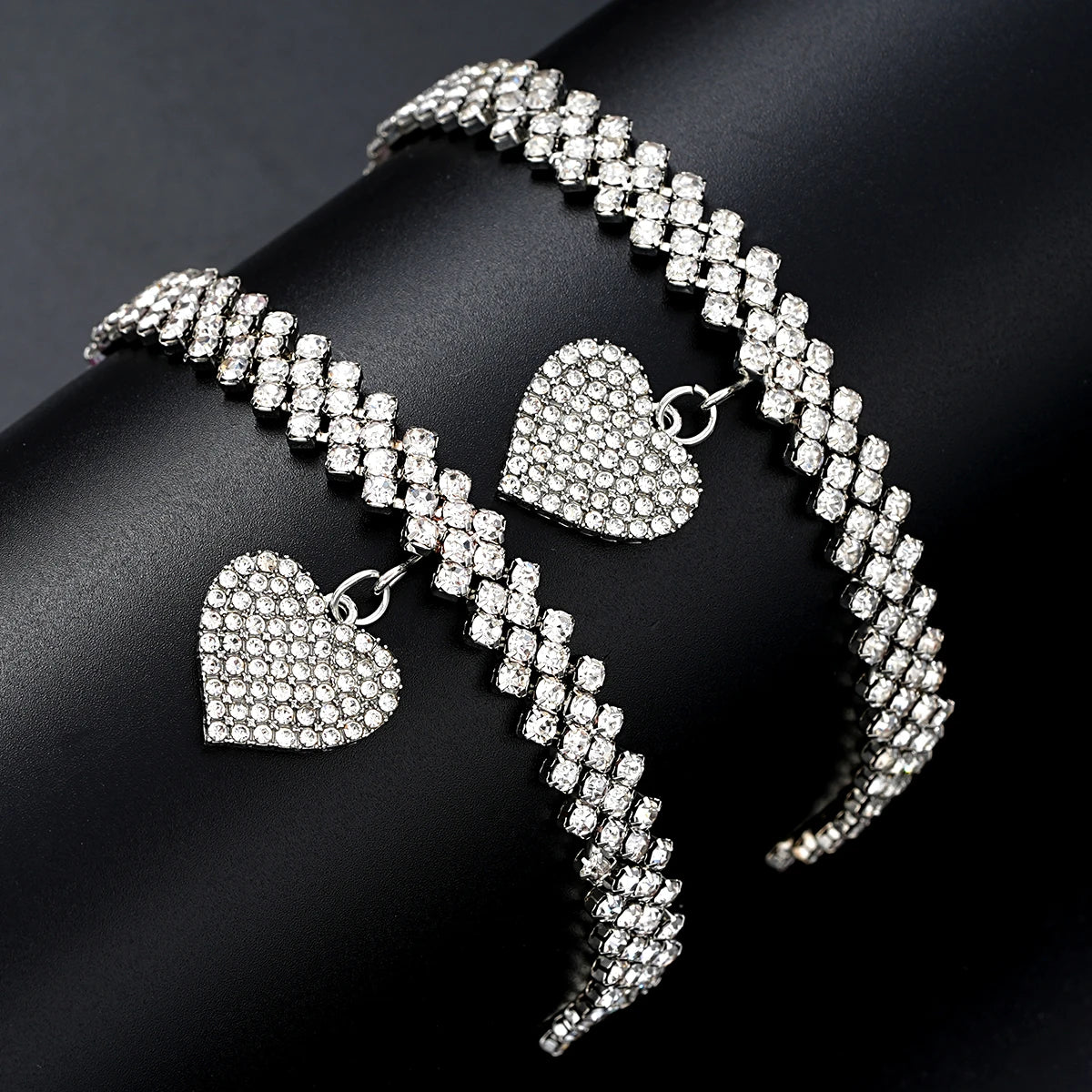 2 Pcs Fashion Silver Color Rhinestone Heart Pendant Anklet for Women Ins Bling Love Foot Ankle Bracelet Set Chain Jewelry Gifts