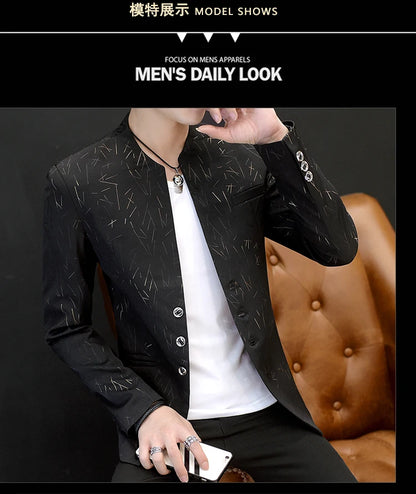 Men's Printed Small Suit Male Korean Version of The Self-cultivation Stand-up Collar Chinese Tunic Casual Suit Thin Jacket Youth