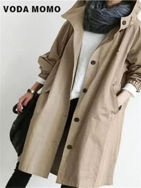 2025 Spring Autumn Casual Korean Fashion Hooded Medium Long Overcoat Loose Windproof Coat Women Trench Coat Solid Color Pocket