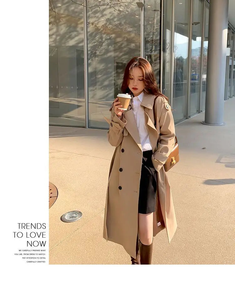 Streetwear Loose Trench Coat Midi Length Fashion Korean Elegant Khaki Black Women's Windbreaker Coat Casual Double Breasted Tops