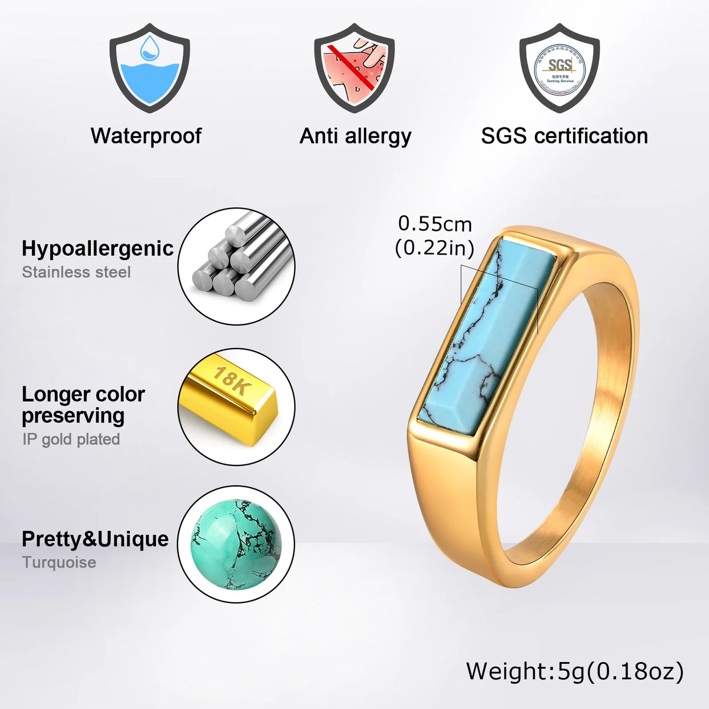 Vnox Natural Stone Signet Ring for Men Women, Unisex Gold Plated Stainless Steel Finger Band,Fraternal Ring Gift