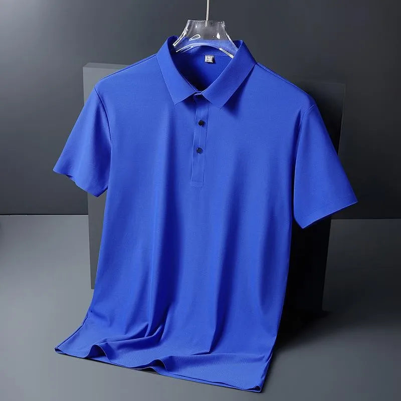 Golf Solid Ice Silk Traceless Silk Loose Polo Shirt Short Sleeve T-shirt Men's Elastic Ironless Thin Polo Neck Light Luxury