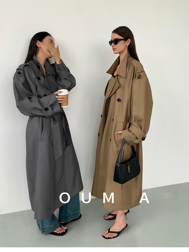 Lautaro Spring Autumn Oversized Khaki Long Grey Trench Coat for Women Double Breasted Loose Casual Korean Fashion Overcoat 2024