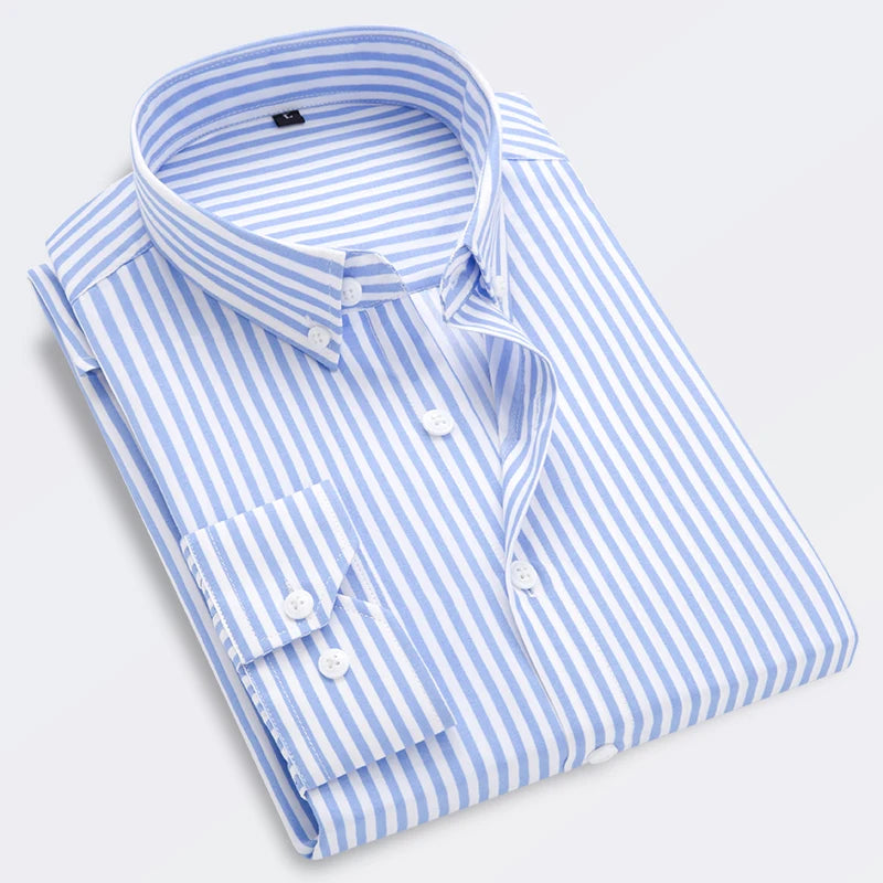 M-5XL 2023 Autumn New Men's Striped Shirt Solid Casual Long Sleeve Slim Fit Korean Edition Business Formal Laydown Shirt