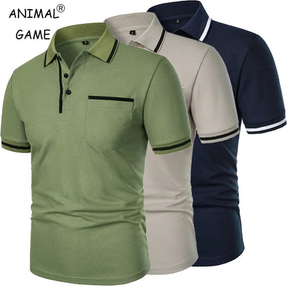 New Men's Short Sleeve Polo Shirts Solid Color Casual T-shirt Summer Trendy Breathable Loose Basic Splice Top Pockets Men Shirts