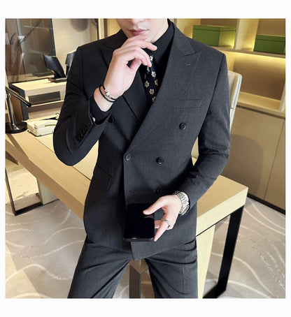 British Style Double Breasted Design Men's Suit Formal Business Slim Fit Casual Suits Sets Men Wedding Party Tuxedo 3 Pieces Set