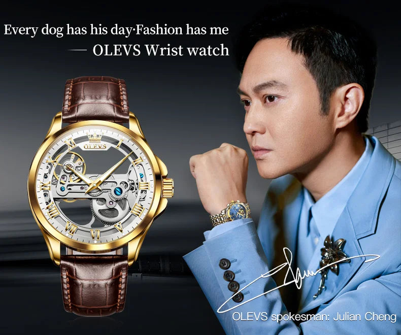 OLEVS Luxury Men Watches Automatic Mechanical Wristwatch Skeleton Design Waterproof Leather Strap Male Watch Reloj Hombre