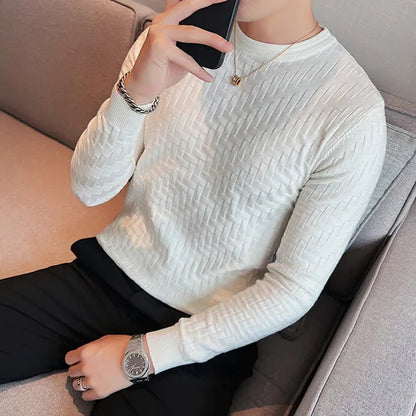 2025 Stretchable Jacquard Woven Winter Crew Neck Sweater Men's Slim Fit Pullover Knitwear Blue, Fashionable Check Pattern