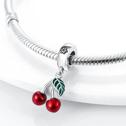 Summery Red Enamel Fruit Cherry Charm Bead Fits Bracelet Necklace Keychain Women 925 Silver Pendant Beads DIY Jewelry Fine Gift