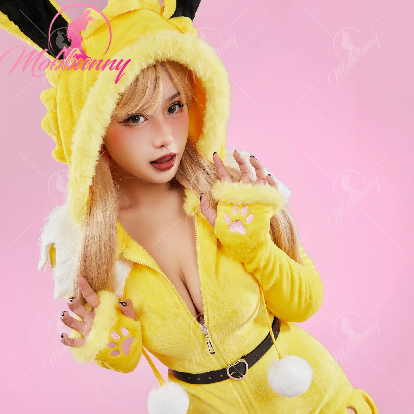 Mobbunny PM Derivative Cosplay Costume Women Sexy Lingerie Bodysuit Plush Hooded Romper and Socks with Belt and Scarf  Halooween