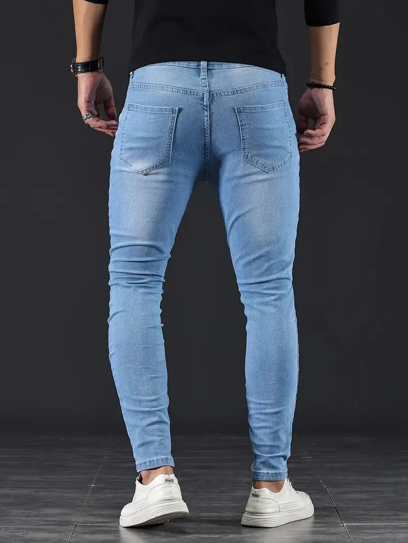 2024 New Men Stretch Skinny Jeans Male Designer Elastic Scratch Denim Pencil Pants Jeans Streetwear Sky Blue Fashion Jeans