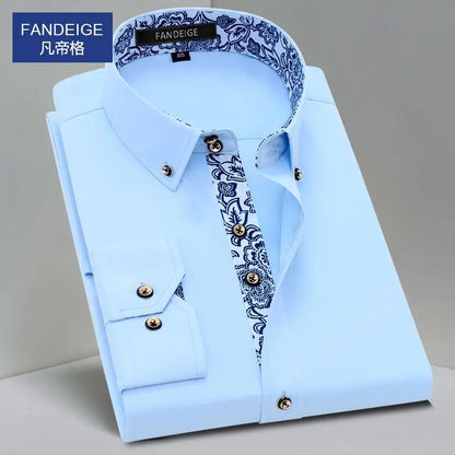 Blue and White Men's Dress Collar Shirt Long Sleeve Solid Color Printing Casual Business Slim Fit Cotton Shirts Anti-Wrinkle