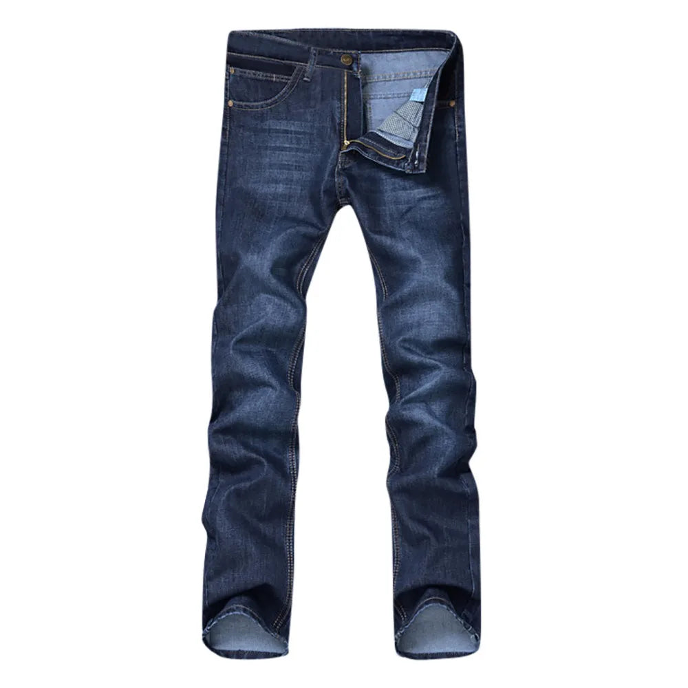 Men's Classic Straight Denim Pants Spring Summer Fashion Deep Blue Button High Waist Daily Work Wear Jeans Long Trousers