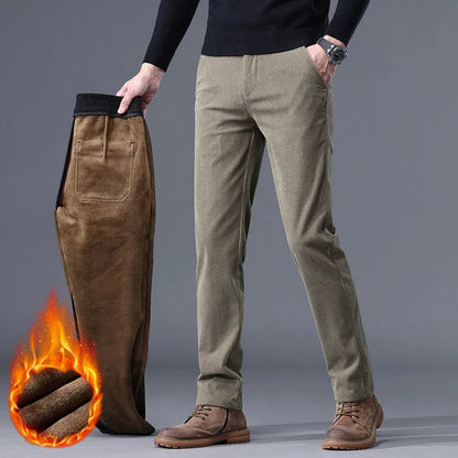 Fleece Men's Corduroy Casual Pants Chenille Stretch Solid Color Business Trousers Thickened Warm Winter Thermal Male Clothing