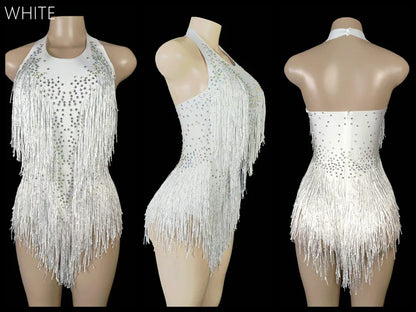 Sparkly Crystals Fringes Bodysuit Sexy Tassel Leotard Jazz Dance Costume One-piece Stage Wear Dancer Performance Show Clothing