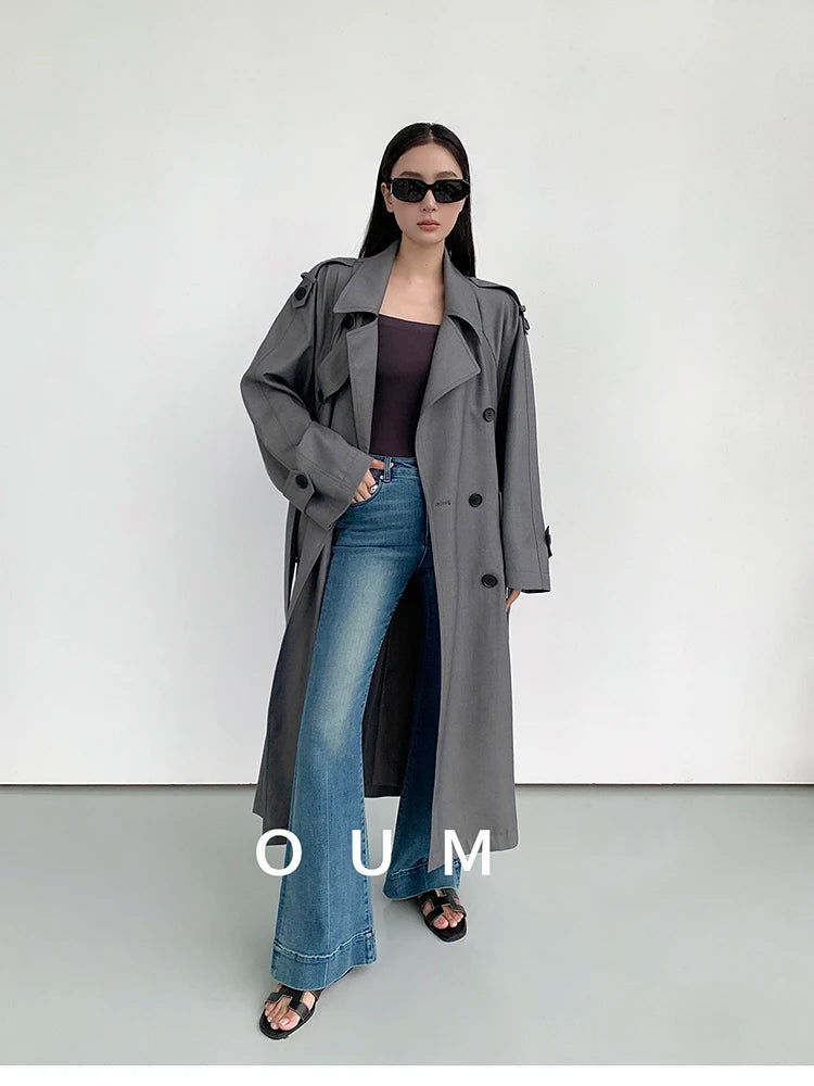 Lautaro Spring Autumn Oversized Khaki Long Grey Trench Coat for Women Double Breasted Loose Casual Korean Fashion Overcoat 2024