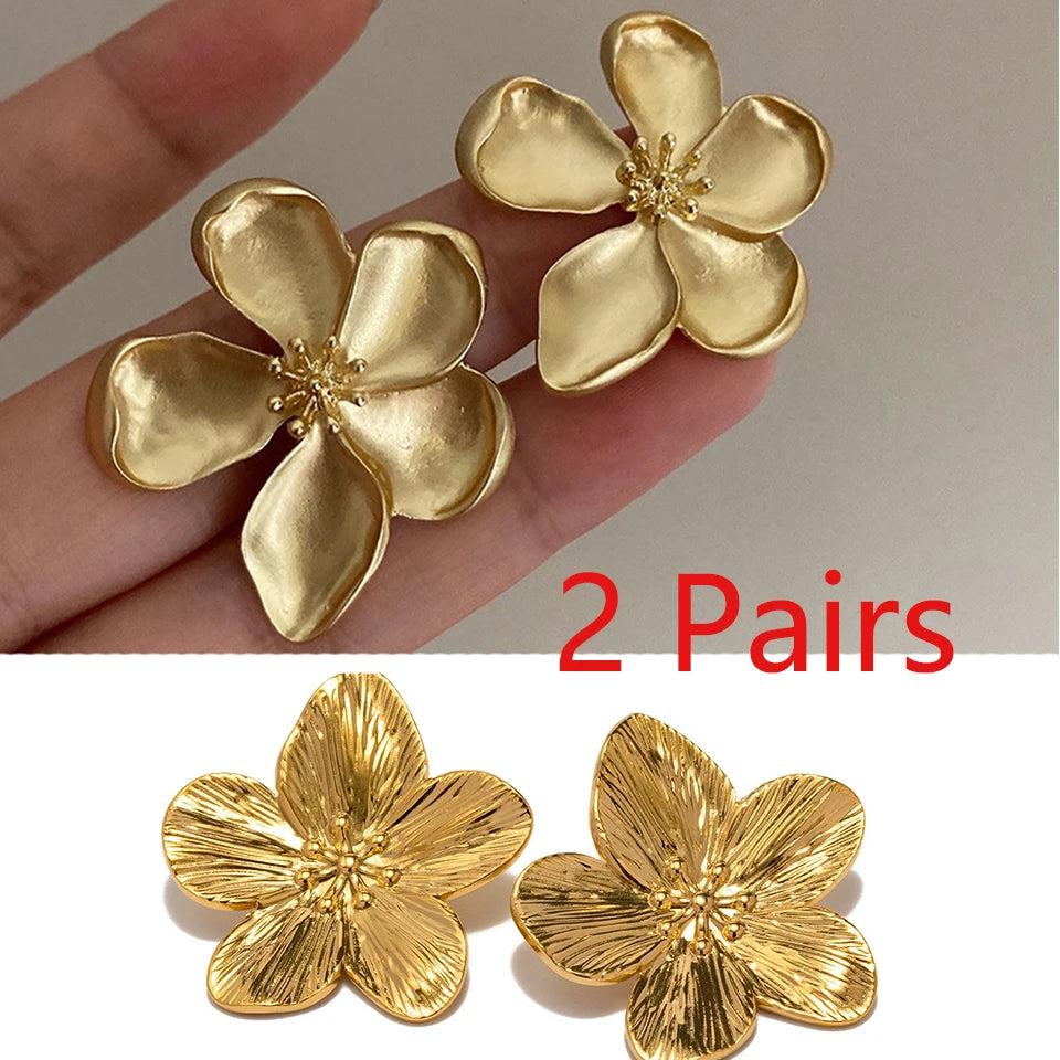 Yupsk Matte Texture Metal Flower Earring for Women French Retro Gold Color Five-leaf Flowers Fashion Party Jewelry