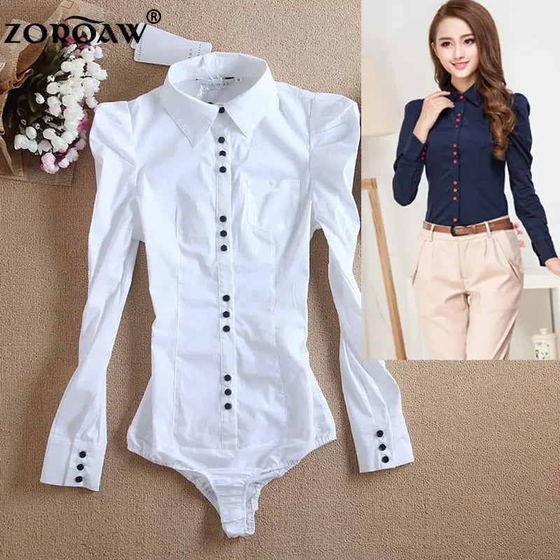 2025 Women Bodysuits Long Sleeve Bodycon White Blouse Shirt Office Lady Work Formal Body Shirts Female Fashion Autumn Winter