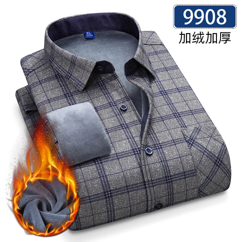 New 5XL men's shirt autumn and winter plus fleece thickened warm long sleeve non-ironing plaid business casual slim-fit fashion