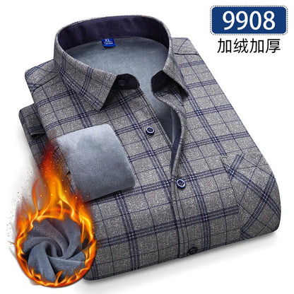 New 5XL men's shirt autumn and winter plus fleece thickened warm long sleeve non-ironing plaid business casual slim-fit fashion