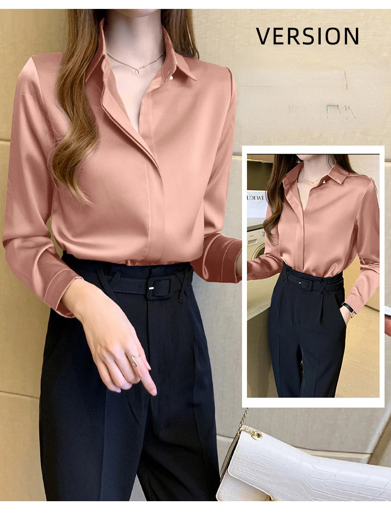 Satin Women Shirt Vintage Long Sleeve Blouse Women Silk Elegant Womens Tops Commuting Luxury White Shirt Autumn Female Clothing