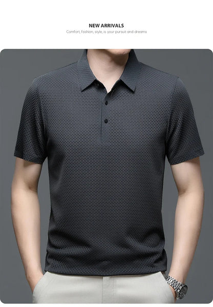 Motorcycle Summer Men Lop-up Hollow Short-sleeved Polo Tee Shirt Ice Silk Breathable Business Fashion T-Shirt Male Brand Clothes