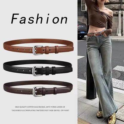 1pcs Women's Belt Fashion Pin Buckle Thin Belt Genuine Luxury Soft Belt Women with Cargo Pants Jeans Belts Black PU Leather Belt