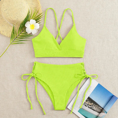 Cikini-V-Neck Split Bikini Set for Women, Sexy Swimsuit, Lace Up, Triangular Bikinis, Solid Color, Beach Swimwear, Bathing Suit