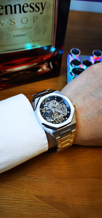 Forsining Silver Automatic Watch Men 3D Diamond Dial Irregular Tourbillon Skeleton Mechanical Wristwatches Luminous Hands Clock