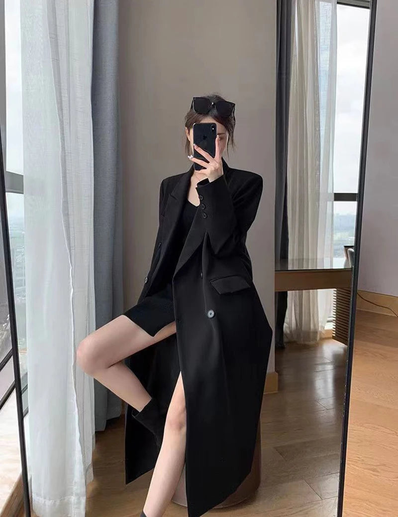 Long Trench Coat Women Office Lady Elegant Double Breasted Blazer Jacket Streetwear Overcoats Korean Harajuku Casual Windbreaker