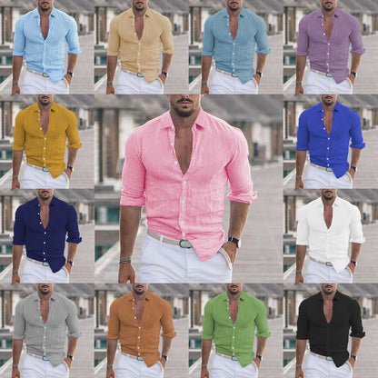 Fitness Desert Spring And Autumn Weiyi Beach Men's Solid Color Shirt Single Row Button Shirt Summer Beach Fashion Casual Shirt