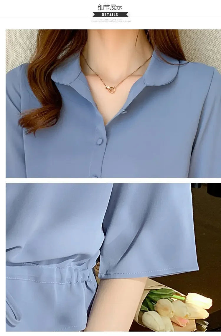 Summer Women All-match Solid Turn-down Collar Half Sleeve Chiffon Shirt Fashion Casual Shirring Single-breasted Blouses Female