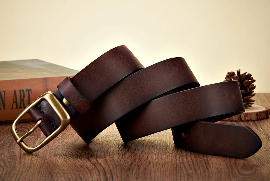 3.3CM High Quality Natural  Cowskin Genuine Leather Belt Men Casual Copper Buckle Business Male Strap For Jeans Cowboy Cintos