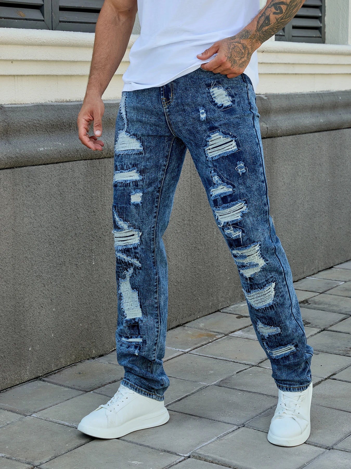 Men's Fashion Elastic Ripped Embroidered Pants, All Ripped Embroidery, Embroidery Mess, Stir-Fried Rinsing Water-105BLUE