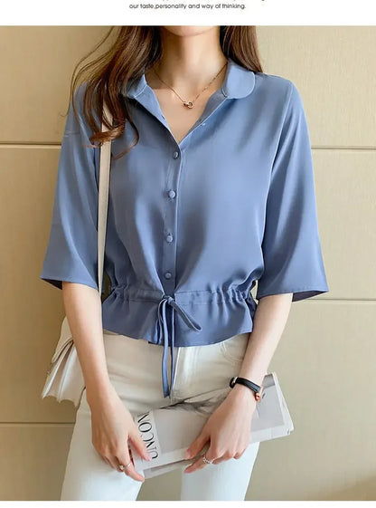 Summer Women All-match Solid Turn-down Collar Half Sleeve Chiffon Shirt Fashion Casual Shirring Single-breasted Blouses Female