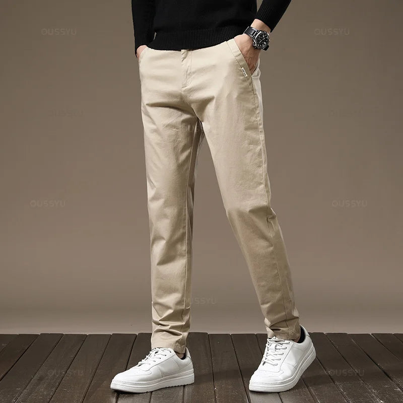 New High Quality Combed Cotton Casual Pants Men Thick Solid color Business Fashion Straight Fit Chinos Gray Brand Trousers Male