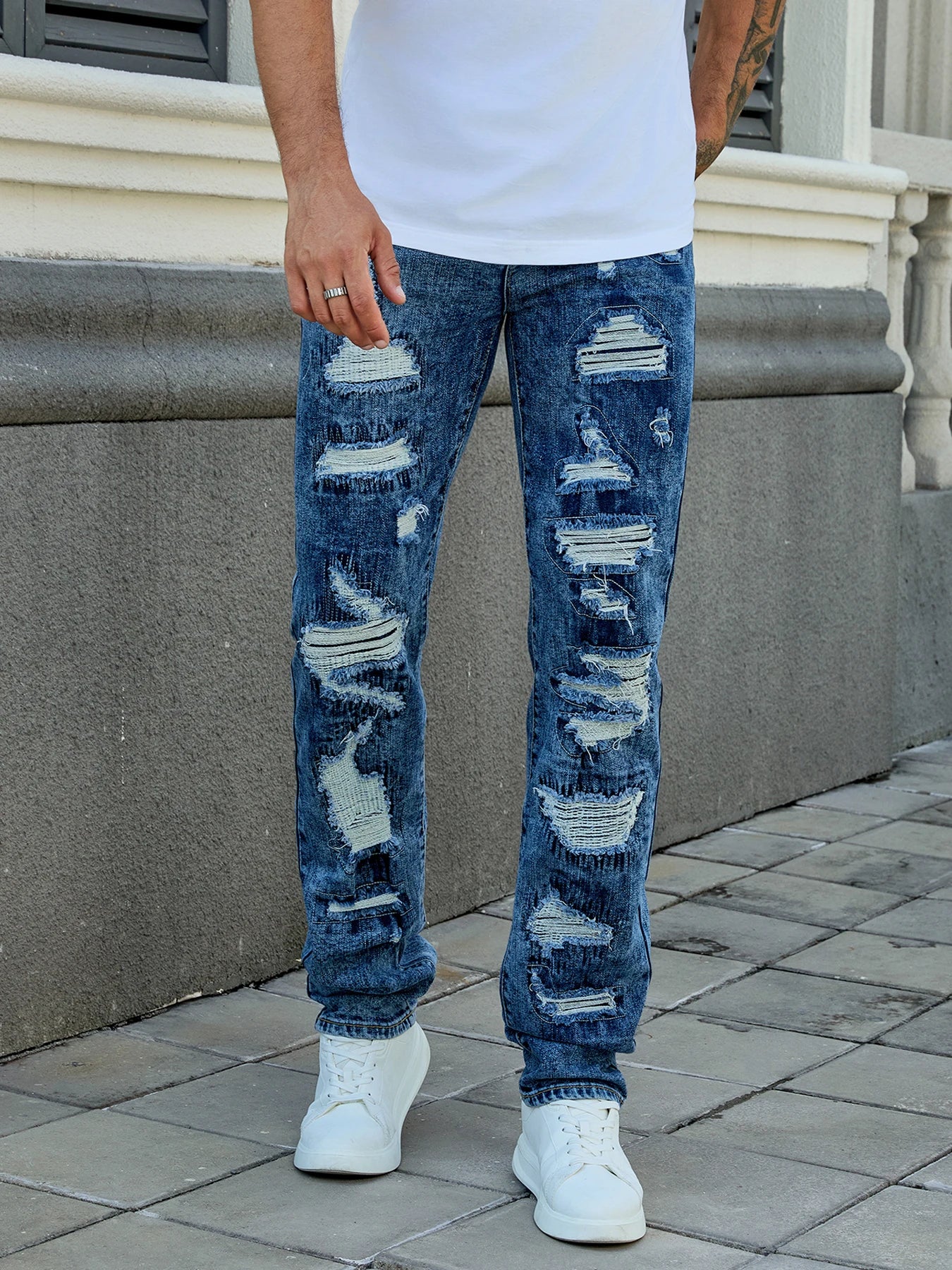 Men's Fashion Elastic Ripped Embroidered Pants, All Ripped Embroidery, Embroidery Mess, Stir-Fried Rinsing Water-105BLUE