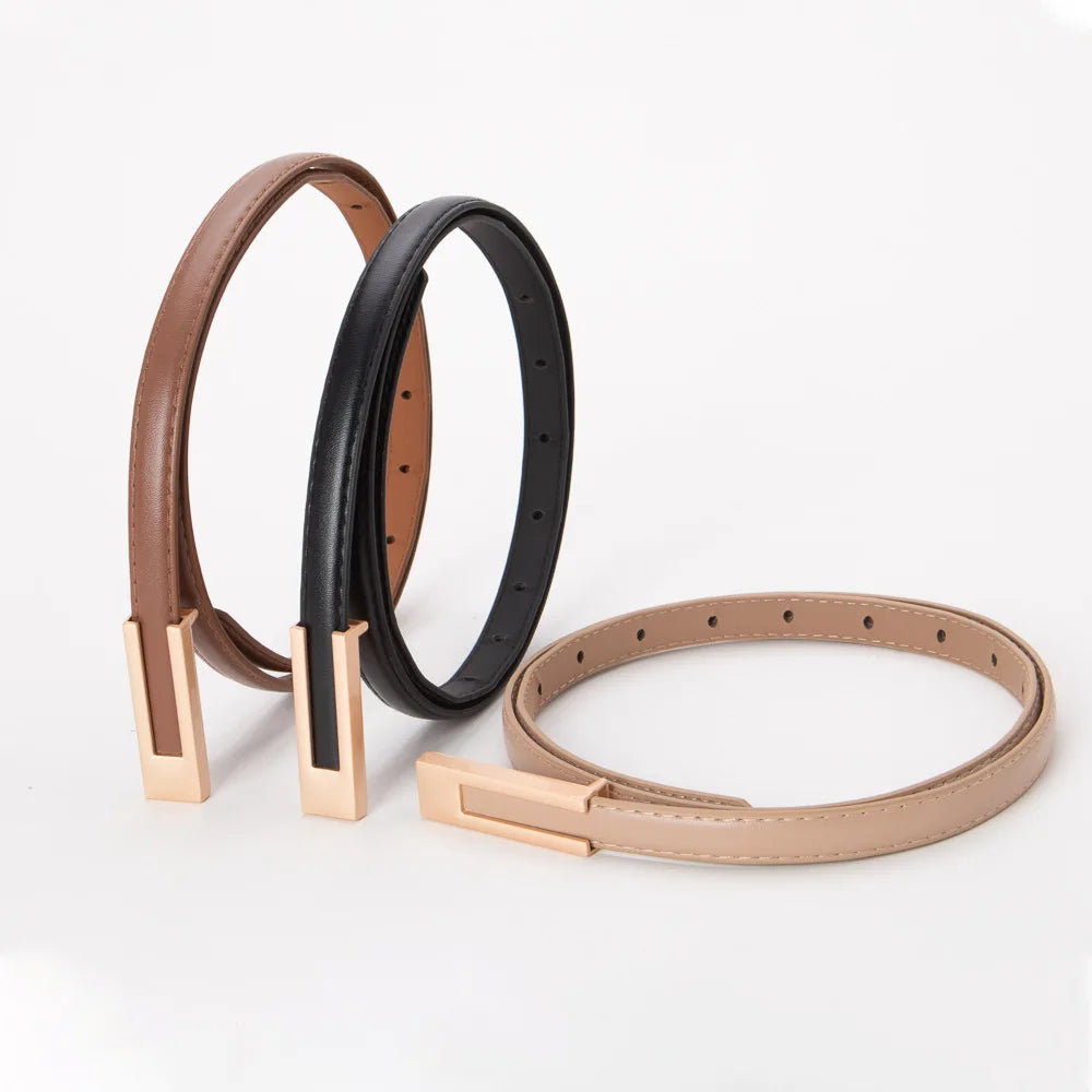 Women Korean Fashionable PU Leather Thin Waist Strap Metal Accessories Basic Belt Women Casual Porous Adjustable Fashion Belts