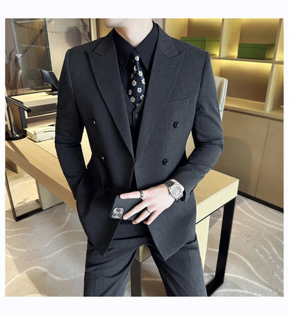 British Style Double Breasted Design Men's Suit Formal Business Slim Fit Casual Suits Sets Men Wedding Party Tuxedo 3 Pieces Set